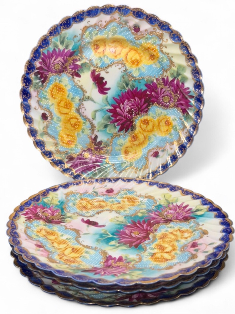 Vintage Signed Hand Painted Asian Porcelain Floral Scalloped Plates Dishes Set 4